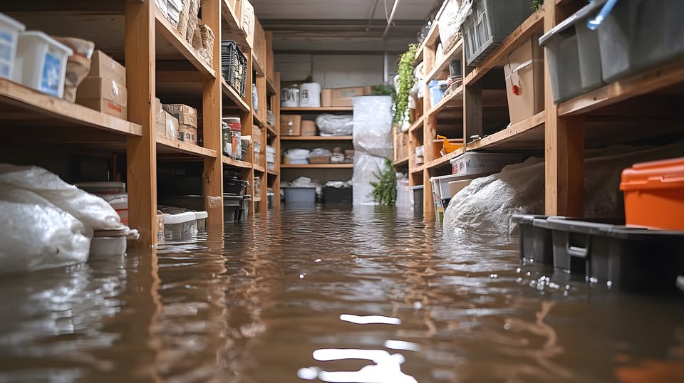 Standing water across a storage room floor before emergency water extraction in Largo, FL